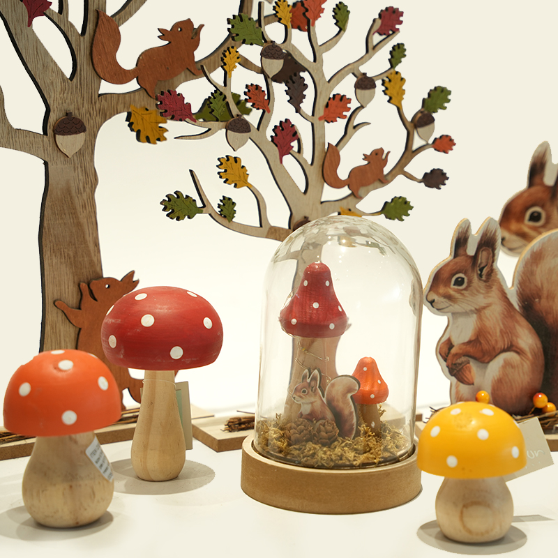 Wooden Squirrel Mushroom Forest Set Harvest Festival Ornaments