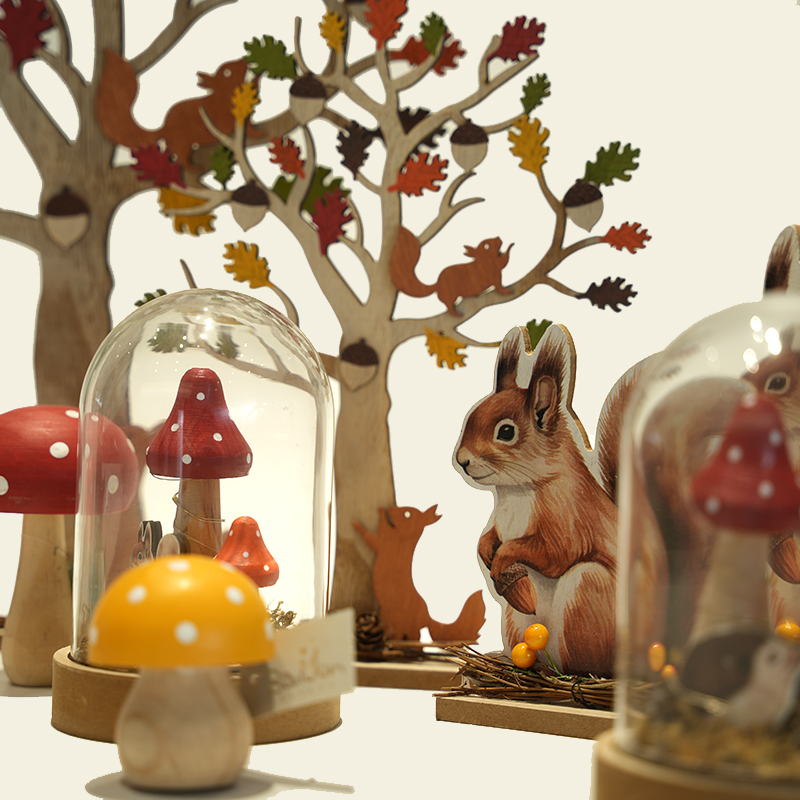 Wooden Squirrel Mushroom Forest Set Harvest Festival Ornaments