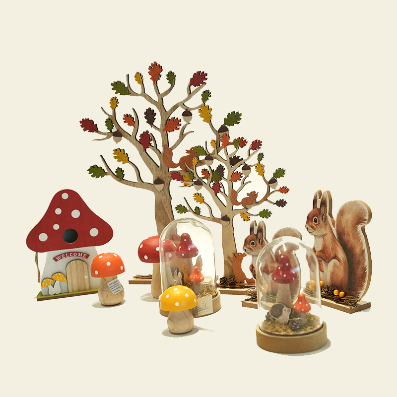 Wooden Squirrel Mushroom Forest Set Harvest Festival Ornaments