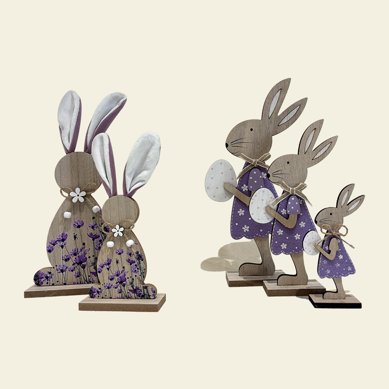 Purple Easter Bunny Set with Flowers Easter Decoration